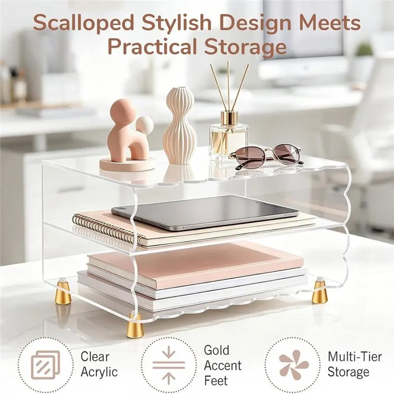 A97I-Paper Letter Tray With Acrylic Top Display, Desk Organizer Featuring Scalloped Edges& Gold Metal Feet, Space-Saving Design