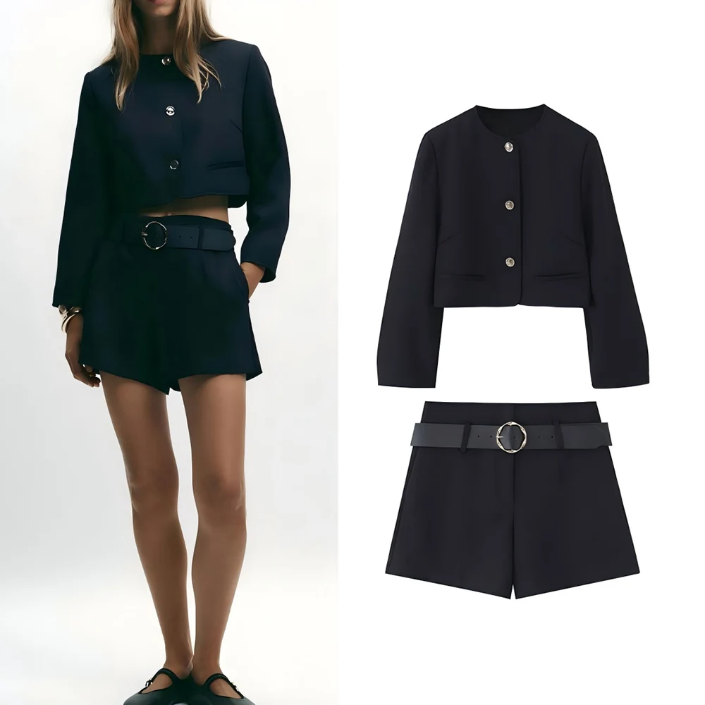 

Women's 2025 new fashion gold button decoration short suit jacket retro long sleeved women's jacket chic top+shorts suit