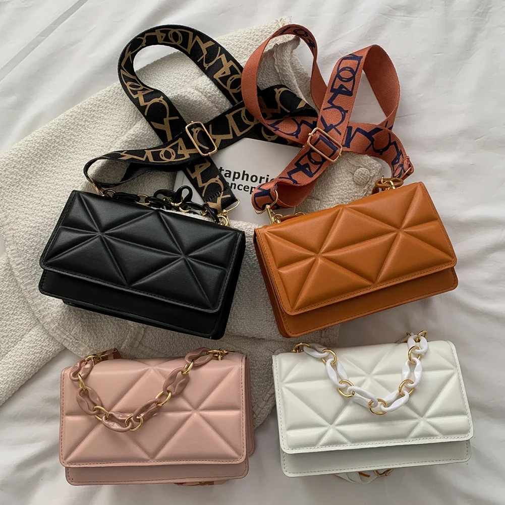 Chain Small Square Bag Wide Strap Flap Ladies Handbags Fashion Embossed Casual Portable Simple Solid Color for Weekend Vacation