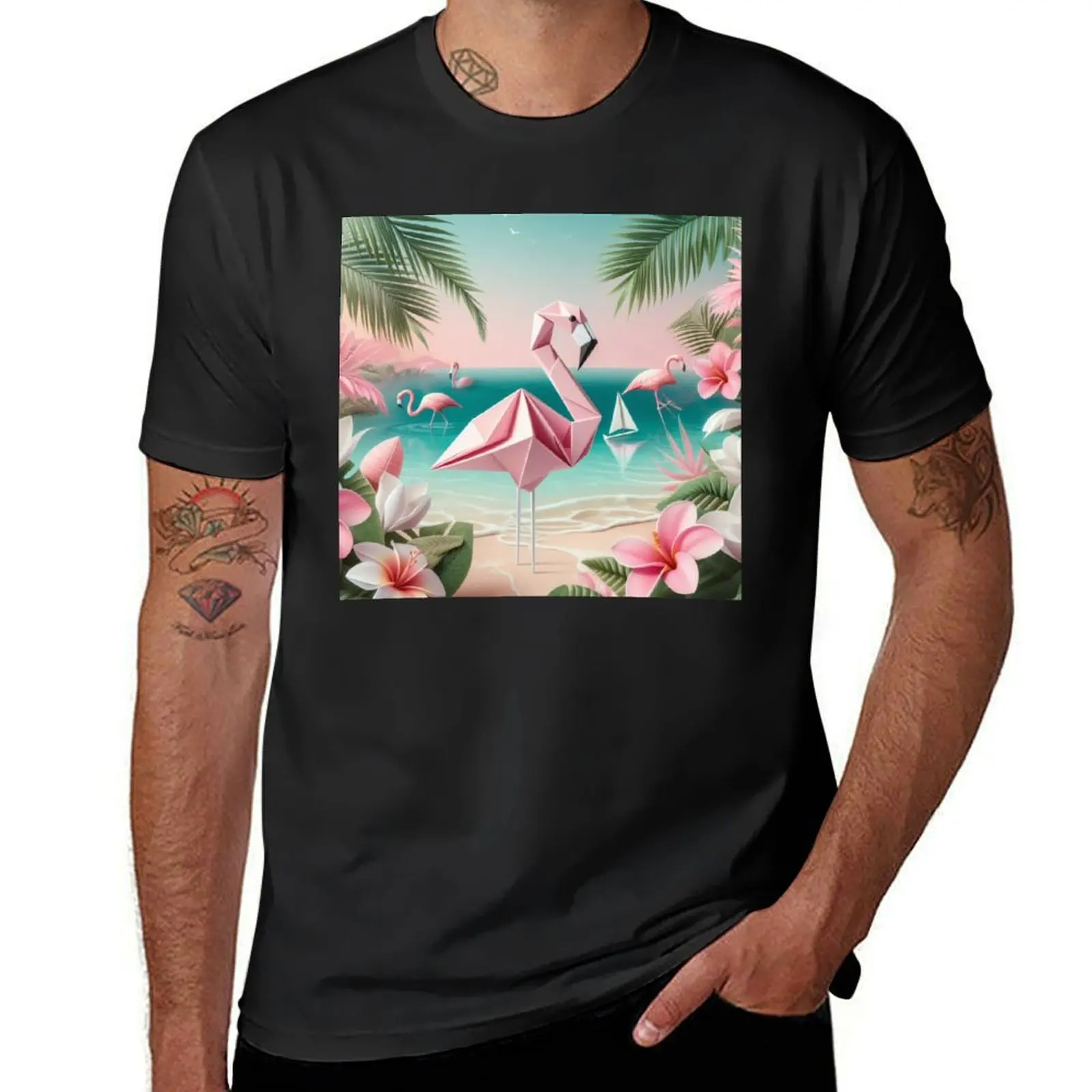 Pink origami flamingo with tropical pink flowers, beach style , vacation mood T-shirt customs design your own t shirts men