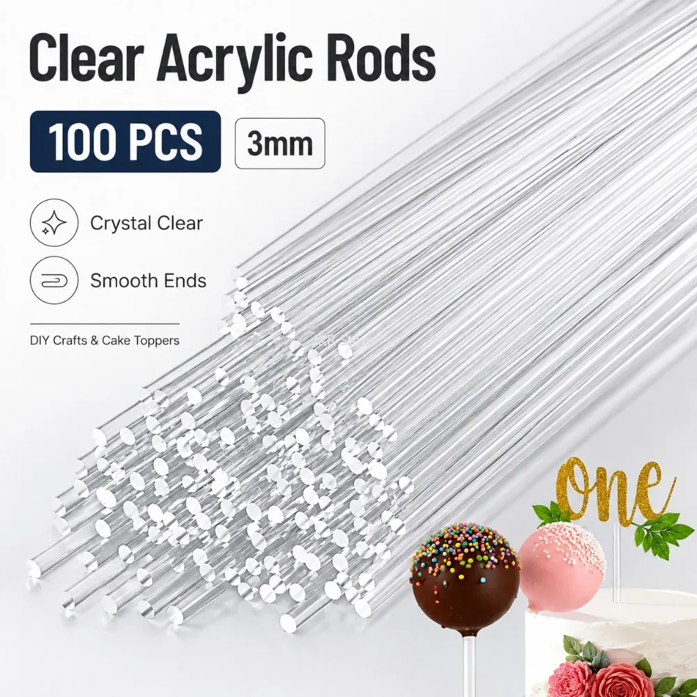 100Pcs Clear Acrylic Rods 3mm Plastic Dowel Sticks for Cake Toppers Baking Crafts Party Decorations and Garden Projects