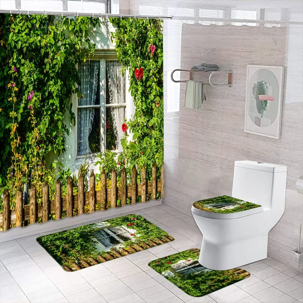 

Outdoor Scenic Shower Curtain Rug Set Green Plants Floral Rustic Farmhouse Streetscape Shower Curtains Bath Mat Bathroom Decor