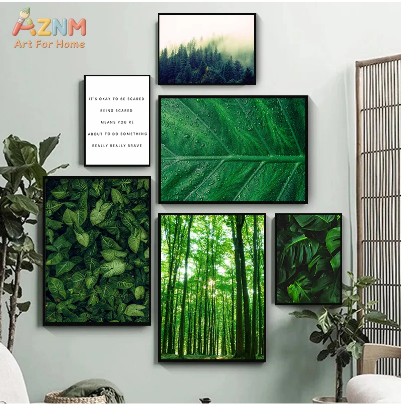 AZNM Dunkelgrünes Waldblatt-Leinwandbild, Natur-Dschungelpflanzen-Inspirationszitat-Druck, ungerahmtes Leinwandgemälde für Wohnzimmer