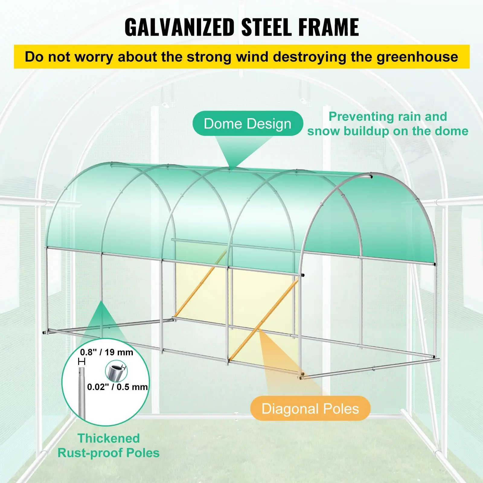 Walk-in Tunnel Greenhouse, 15 x 7 x 7 ft Portable Plant Hot House with Galvanized Steel Hoops, 1 Top Beam, Diagonal Poles