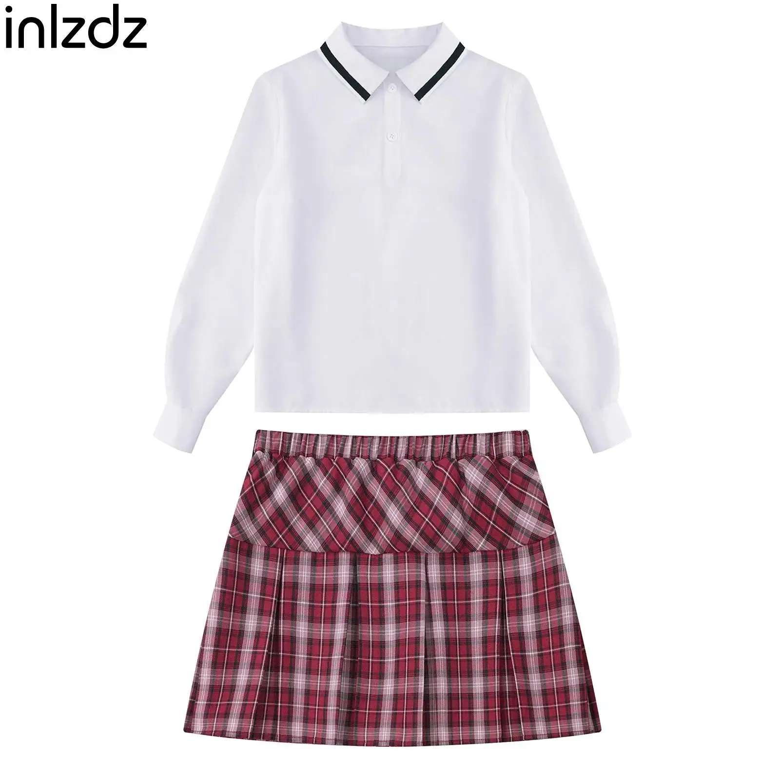 2pcs Girls School Uniform Sets Suits Solid Color Long Sleeve Pullover Shirt with Pleated Skirt for Graduation Cosplay Daily Wear