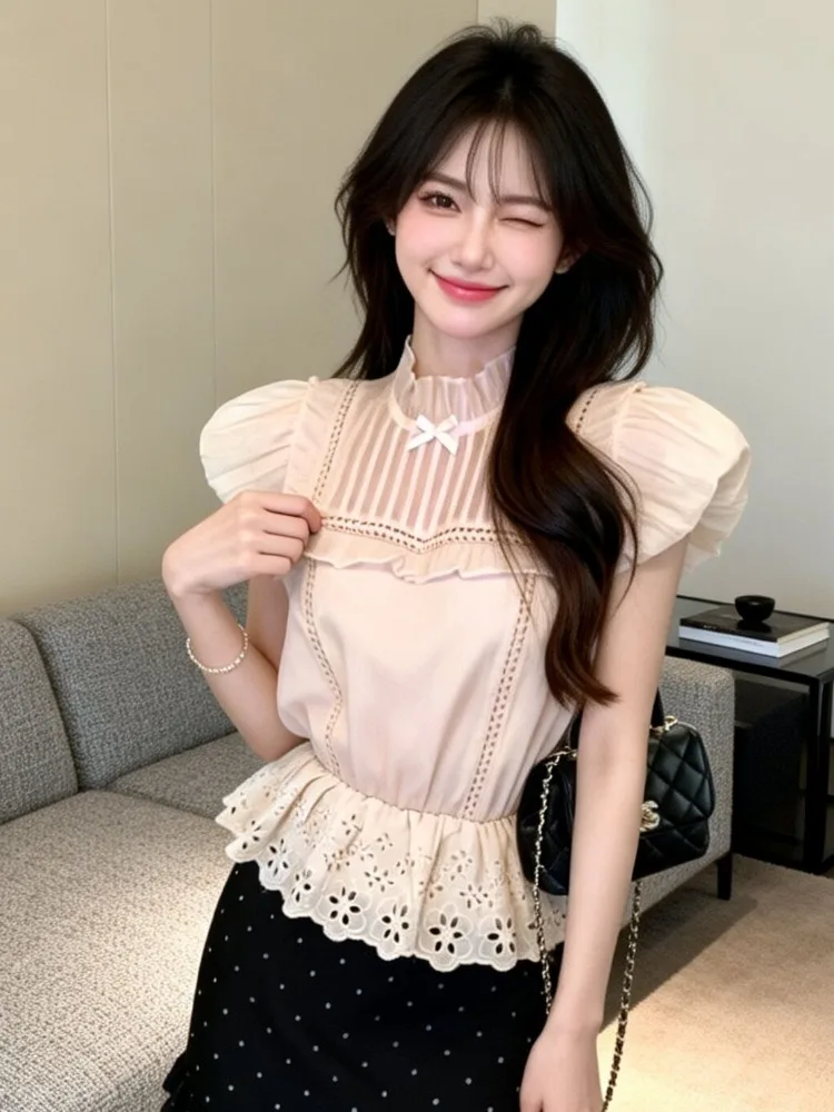 

Elegant Lace Trim Shirt Women's Summer New Style Waist Cinching Chiffon Top French Style Bubble Sleeve High Collar Short Sleeve