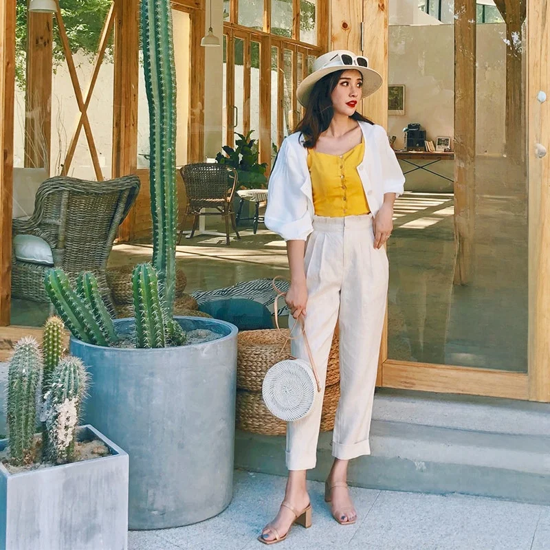 

Женские повседневные брюки Elwing Original Spring: свободные, с манжетами, универсальные, с высокой талией, из хлопка и льна, облегающие, укороченные (7/8)