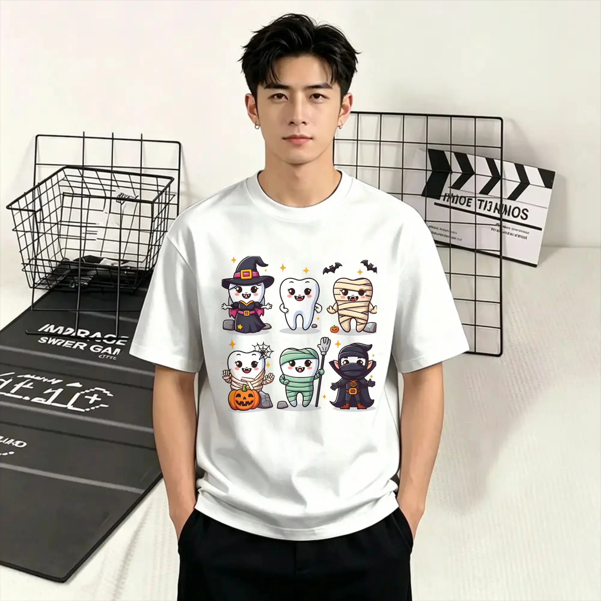 Men Halloween Tooth Characters  T Shirts  Pure Cotton Clothes Novelty Short Sleeve Crewneck Tee Shirt Adult T-Shirts