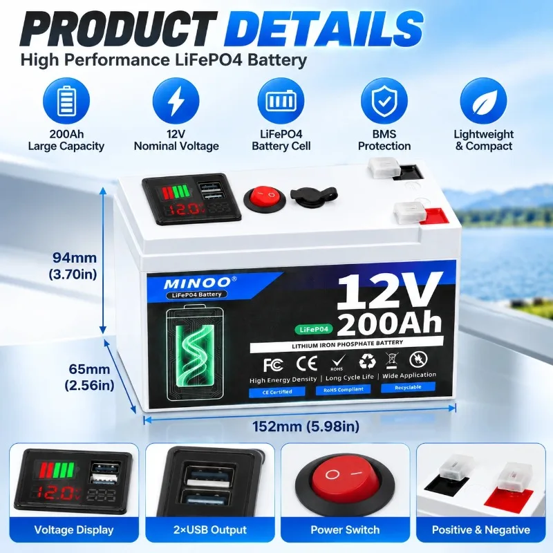 12V 200Ah LiFePO4 Battery Lithium Iron Phosphate Deep Cycle Rechargeable Battery With BMS For Solar RV Marine Energy Storage