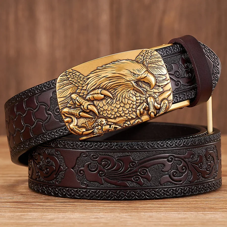 Eagle automatic buckle belt, embossed cowhide belt, Wasitbad strap for men, genuine leather gift, bead for jeans