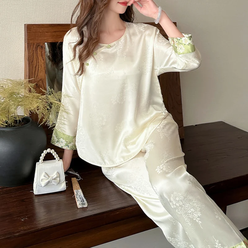 

Chines Style Sleepwear Lady Ice Silk Home Clothes Nightwear Long Sleeve Pajamas Suit 2Pcs Jacquard Nightgown Loose Sleep Suit