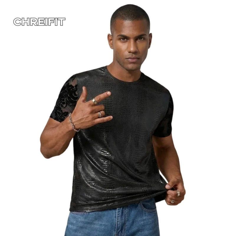 

Men’s Crocodile Texture T-Shirt with Mesh Floral Sleeves Trendy Streetwear Top for Summer 2026 Fashion Fit Hip hop bar style