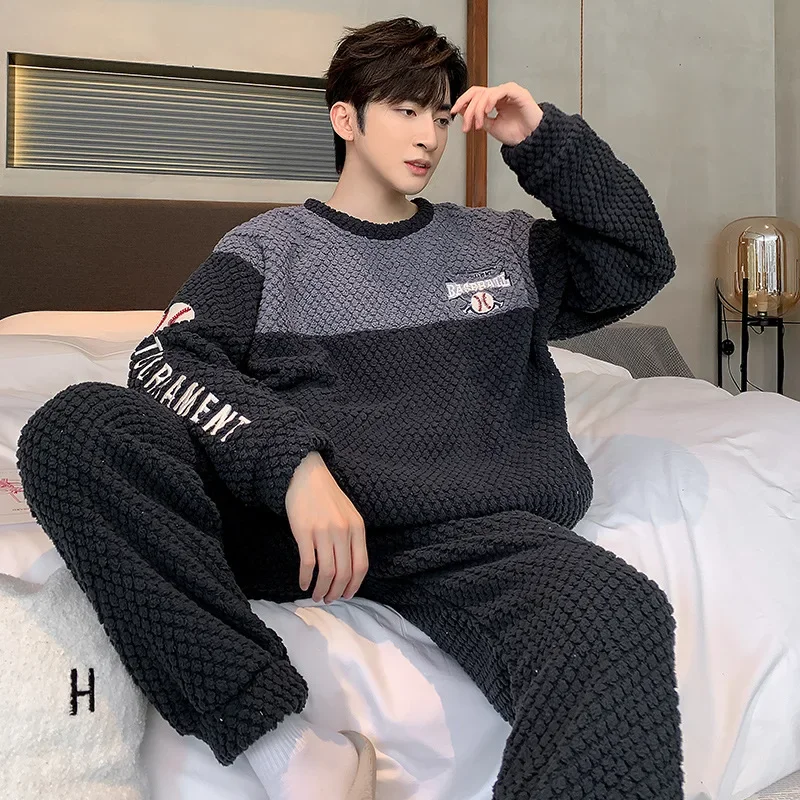 Large Size Men's Winter Flannel Pajama Set Coral Fleece Thickened Homewear Korean Cartoon Long Sleeve Pullover Trousers Outfits