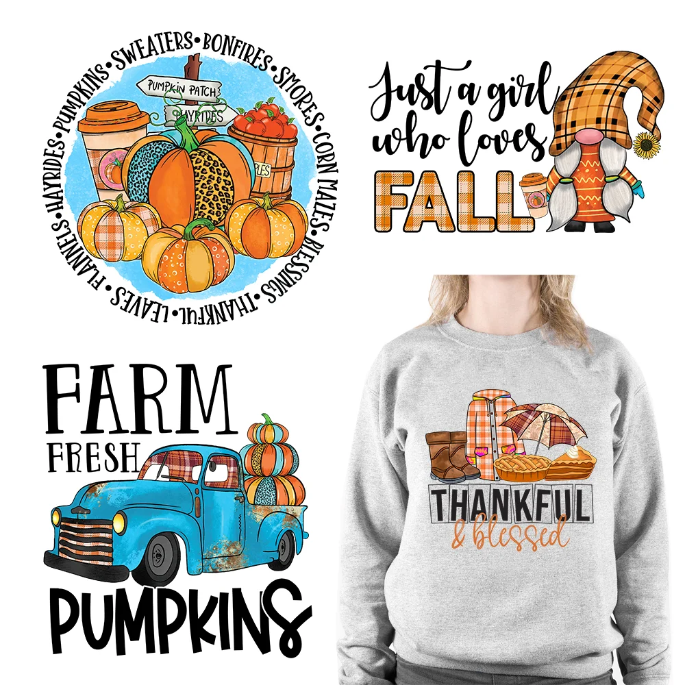 Thankful Blessed Fall Harvest Plastisol Design Iron On Pumpkin Spice Bonfires Transfer Printing Ready To Press For T-Shirts