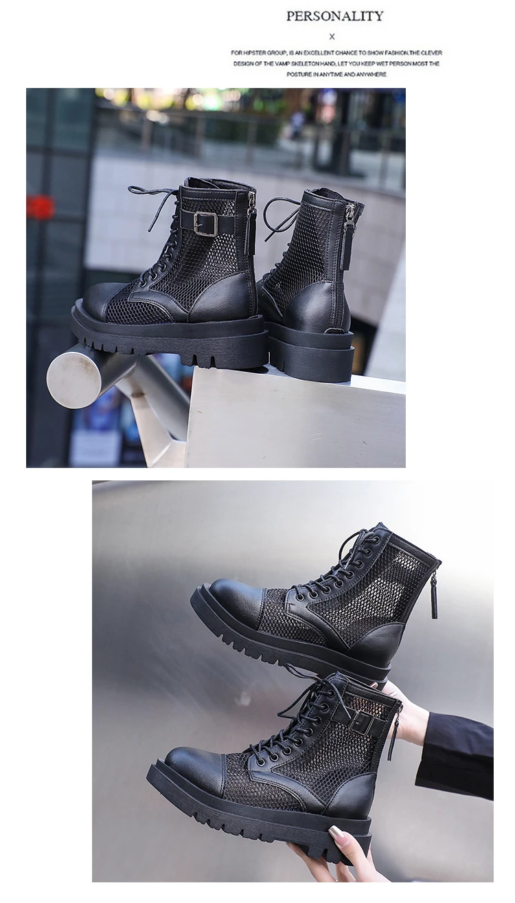 Sommerstiefel für Damen, Mesh-Kühlstiefel, klobige Plateau-Sandalen im britischen Stil mit Schnallenriemen, römische Sandalen für Damen in großen Größen – Detail 16