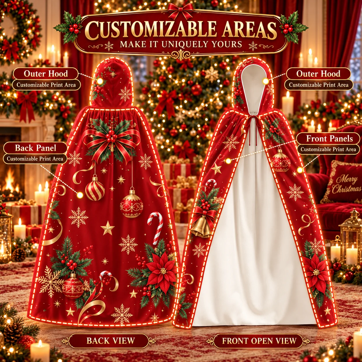 Custom Youth Hooded Cloak Crystal Super Soft Cape Printed Christmas Holiday Party Costume Unisex