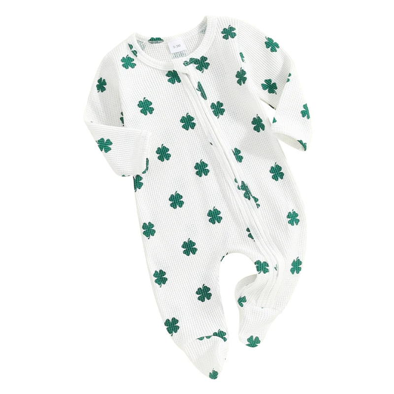 Infant Baby Irish Festivals Jumpsuit Shamrock Print Round Neck Long Sleeve Full Length Zip Up Footed Romper