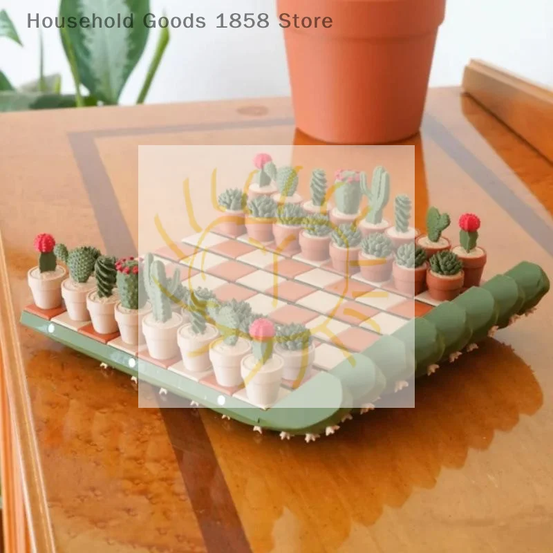 

3D Printed Resin Cactus Roll Chessboard Set Desktop Ornament Foldable Kill Time Decor Chess Toys Home Office Craft Printed Gifts