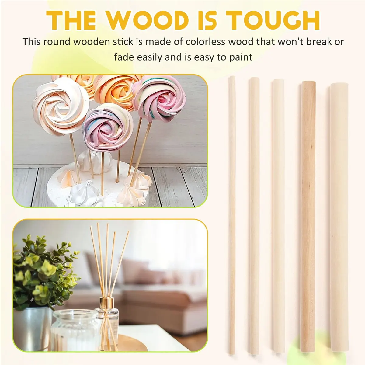 A77K 100 Pieces Dowel Rods Wooden Dowel Rod Craft Wood1/8,3/16,1/4,5/16,3/8X6Inch Sticks for Crafting DIY Wedding Ribbon Wand