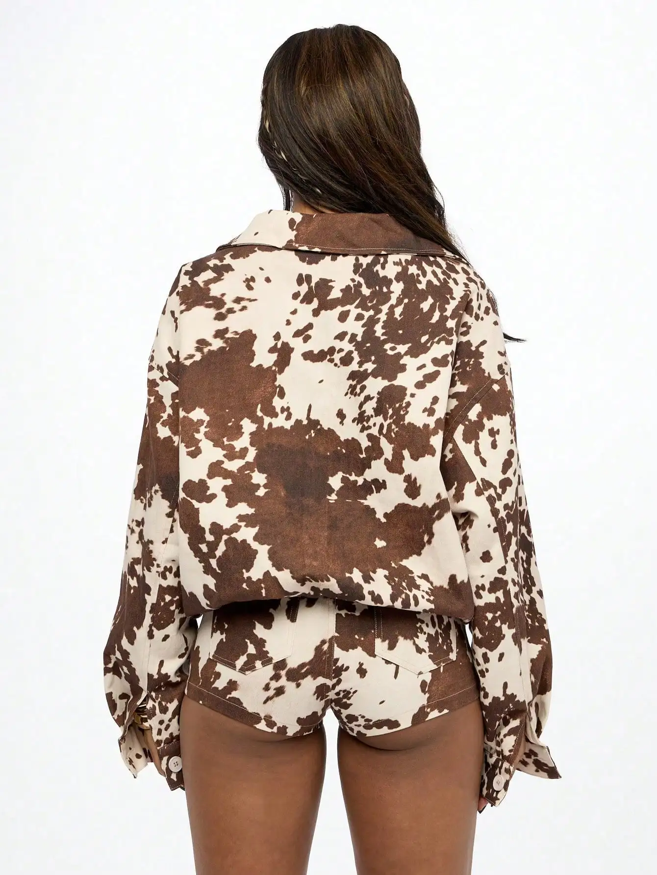 소 프린트 2피스 세트 여성용 지퍼업 긴팔 재킷 & 하이웨이스트 반바지 스트리트웨어 의상