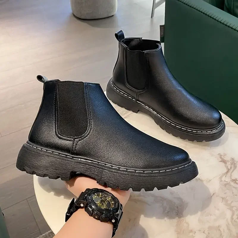 

Мужские черные минималистичные ботинки челси в британском стиле с высоким берцем на флисовой подкладке, зимняя кожаная рабочая обувь, весенне-осенний средний топ