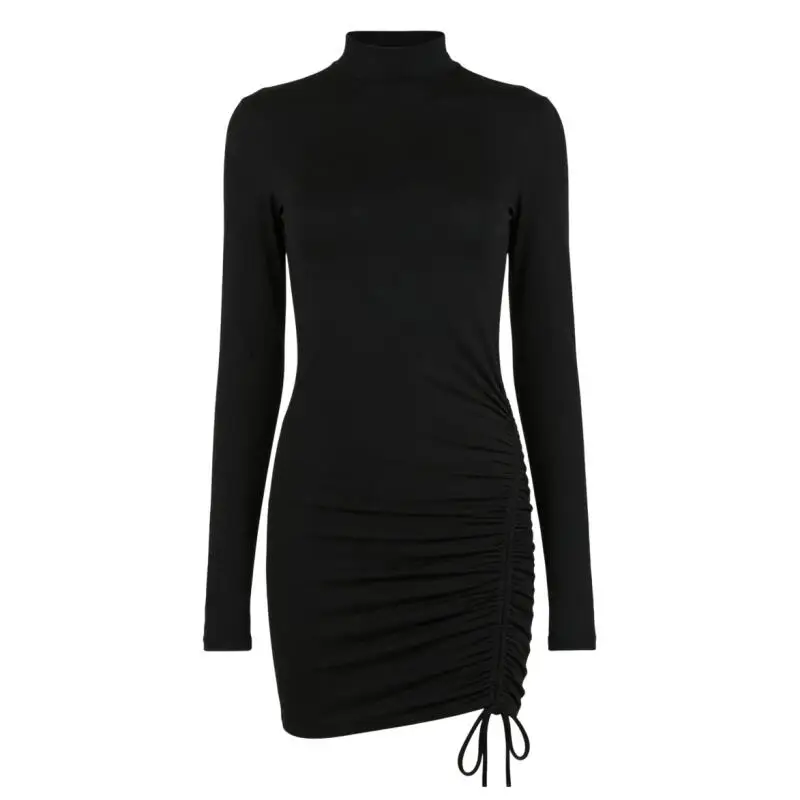 Women Long Sleeve Turtleneck Bodycon Dress Solid Color Ruched Drawstring Mini Dress Elegant Casual Slim Fit Party Short Dresses