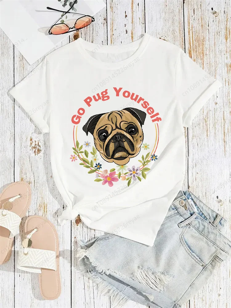 

Pug Dog Animal Pet Cartoon Print Crew Neck T-Shirt, Casual Short Sleeve T-Shirt for Spring & Summer, Women's Clothing