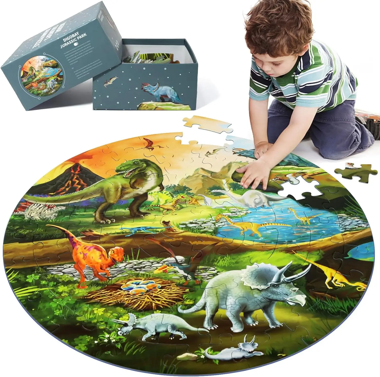 

Dinosaur Jigsaw Puzzle for Kids Ages 3-8, 70 Piece Large Round Floor Puzzles Educational Toy Gift Boys Girls