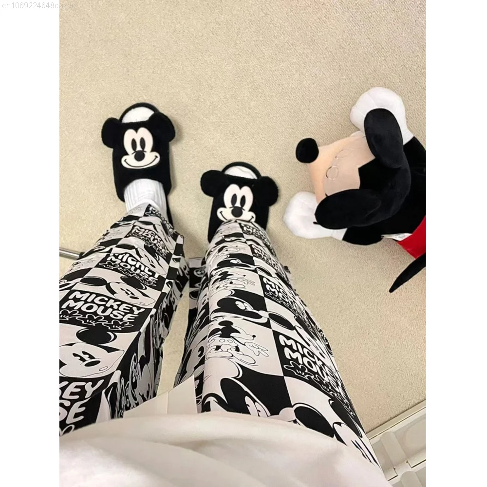 Disney Mickey New Korean Style Casual Home Pants Loose Straight Black White Plaid Trousers For Women Spring Soft Thin Pants Y2k