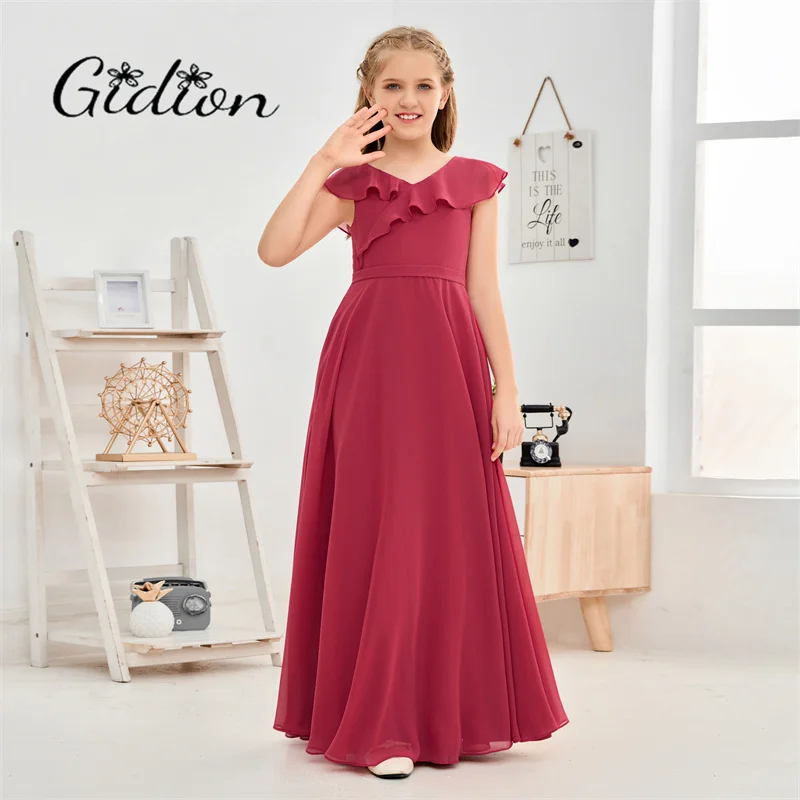 A-Line Chiffon Junior Bridesmaid Dress For Kids Graduation Celebration Wedding Ceremony Ball Evening Gown Birthday Party Prom