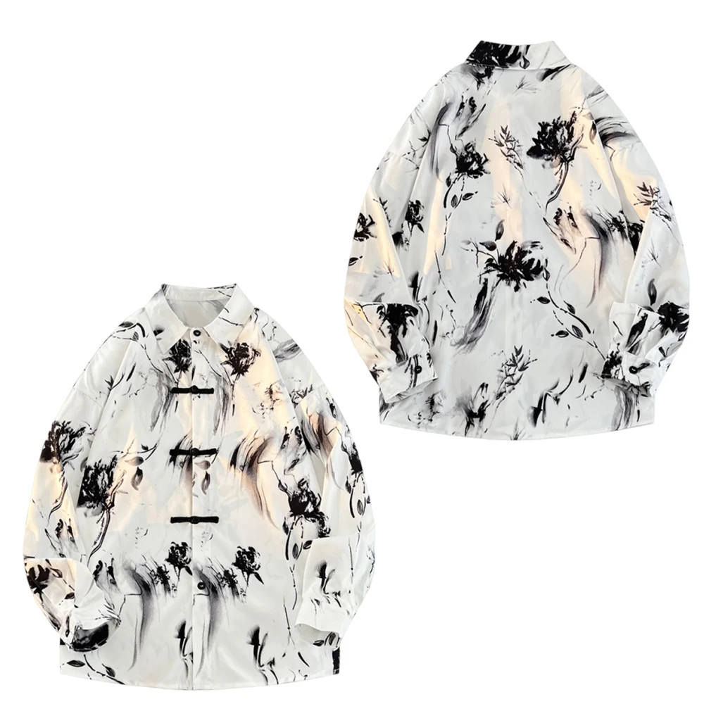 

Chinese-style ink-wash lotus print ice silk long-sleeved shirt, new Chinese-style Tang suit shirt with a double-breasted front