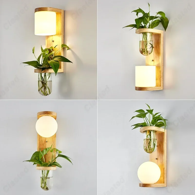 Creative LED Glass Lampshade E27 Wall Lamp Bedroom Green Plant Bedside Lamp Living Room Balcony Corridor Wooden Wall Lamp