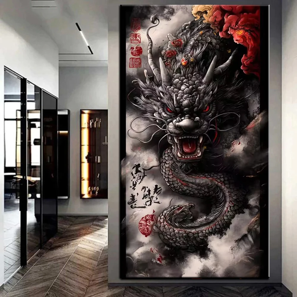 

5D Diy Large Size Diamond Painting Fierce Roaring Dragon Flowers Full Square Round Mosaic Embroidery Wall Decoration