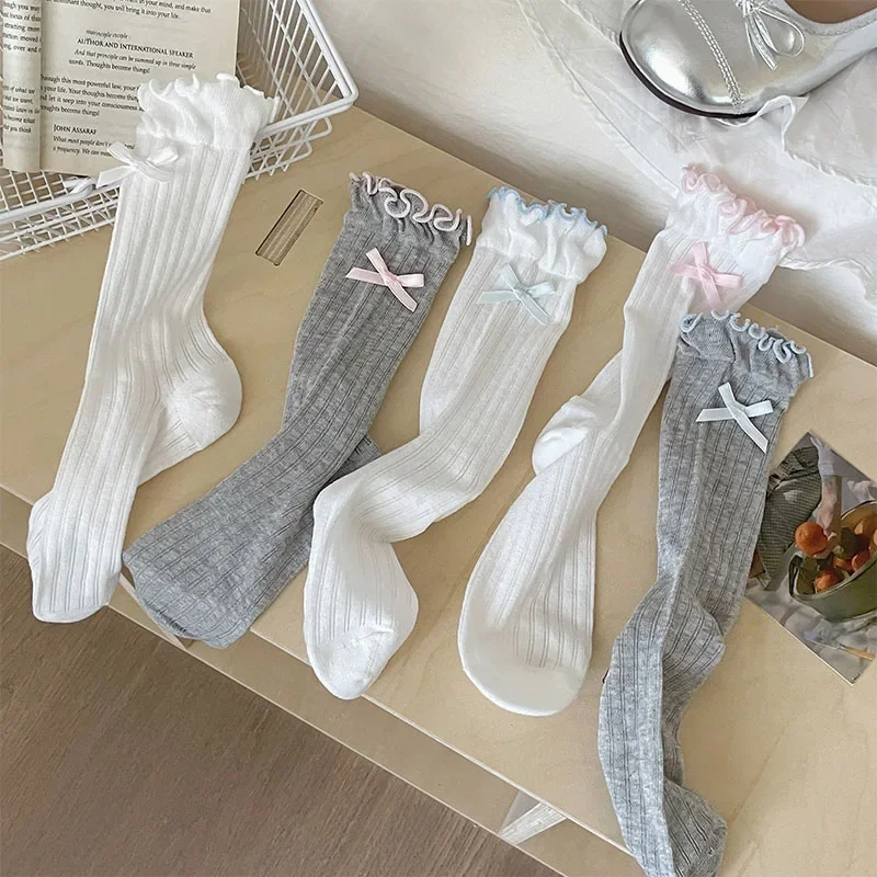 Ballet Style Cute Bowknot Ruffle Edge Pile Socks Women Korean Lolita Middle Tube Socks Thin Breathable Mesh Crew Socks Y2K Sweet