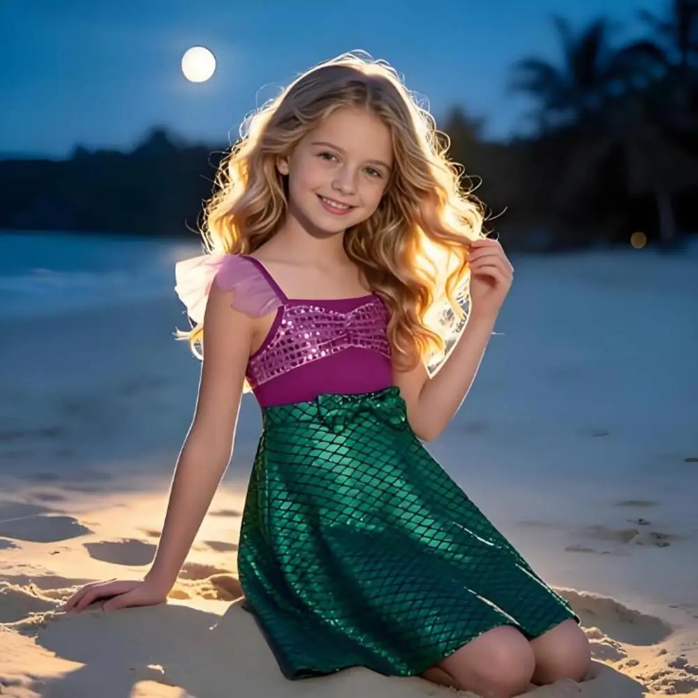 

Children's Casual Dress for Girls Mermaid Rapunzel Dress One-Shoulder Sling Short Sleeve Princess Costume Summer Casual Vest