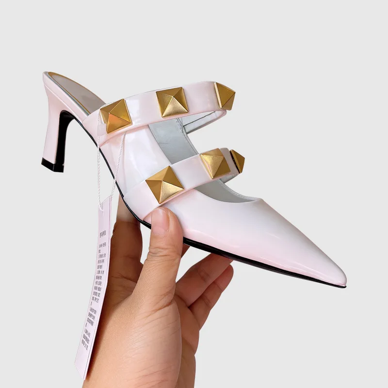 2025 New Women's Pointed High Heel Slippers with Irregular Heels and Fashionable Half Dragged Rivet Decoration Flat Slippers
