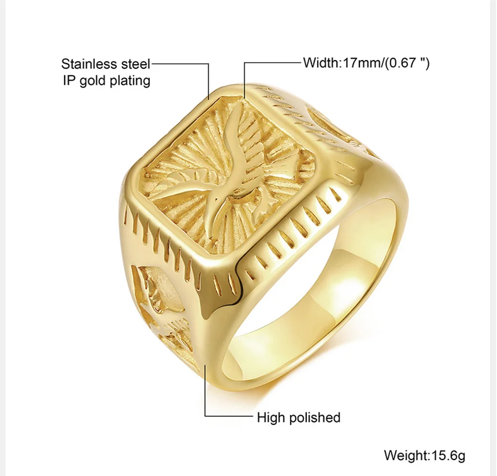 Bald Eagle Siegelring für Männer, vergoldeter Vogelstempel-Vogelring aus Edelstahl, quadratischer Falkenring, Geschenk für Vater und Sohn – Detail 1