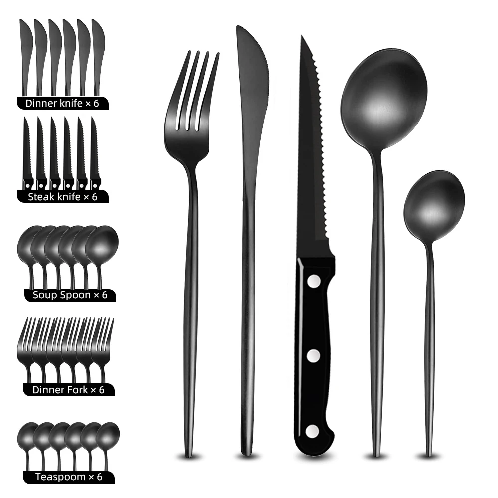 30pcs Black Dinnerware Set Stainless Steel Steak Knife Fork Coffee Spoon Teaspoon Flatware Dishwasher Safe Kitchen Tableware Set