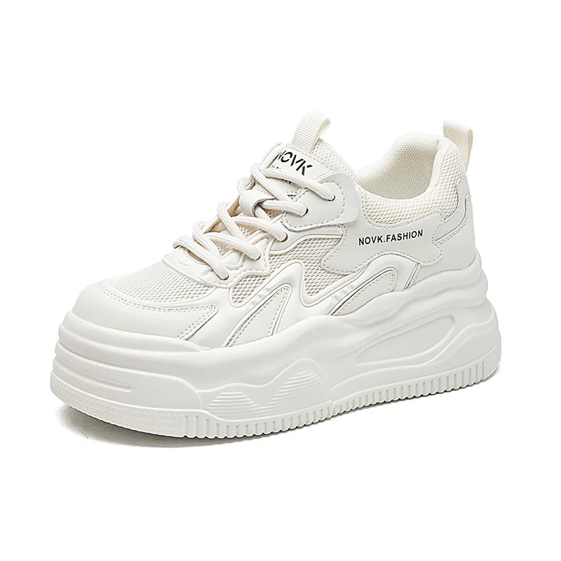 8.5cm 천연 가죽 여성용 벌커나이즈 청키 스니커즈 여름 숨겨진 힐 플랫폼 웨지 여름 메쉬 신발