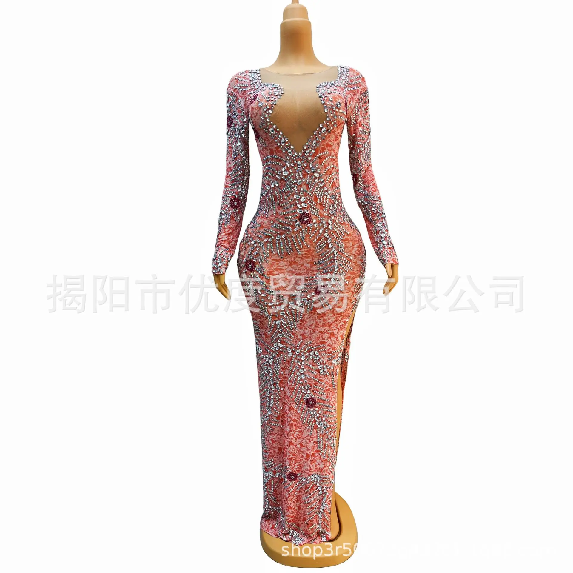 2026 مسحوق المرجان الجبهة سبليت لامعة منظور شبكة مرصعة بأحجار الراين مزاجه كوكتيل حفلة عيد ميلاد فستان الأداء الليلي