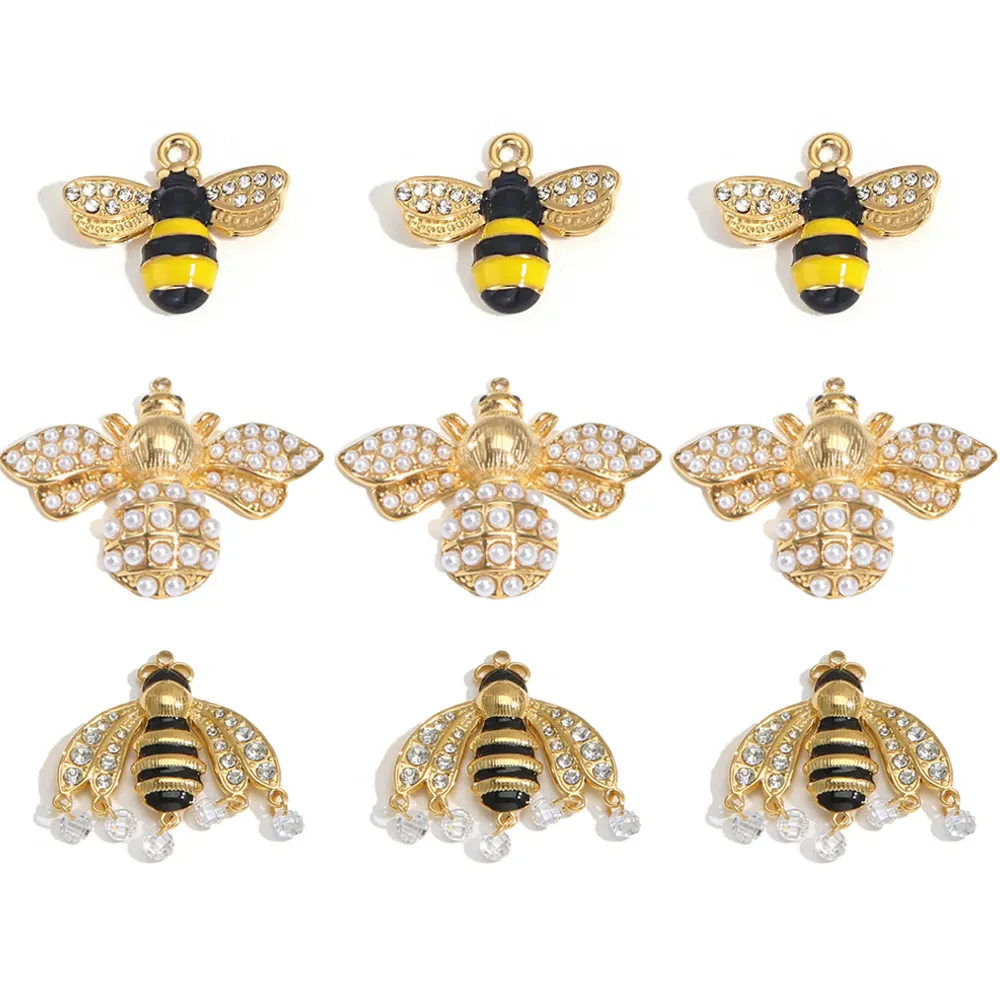2PCS Edelstahl mit Diamanten Emaille Biene Charm DIY süße Mode Halskette Ohrringe Schmuck machen liefert Erkenntnisse Material