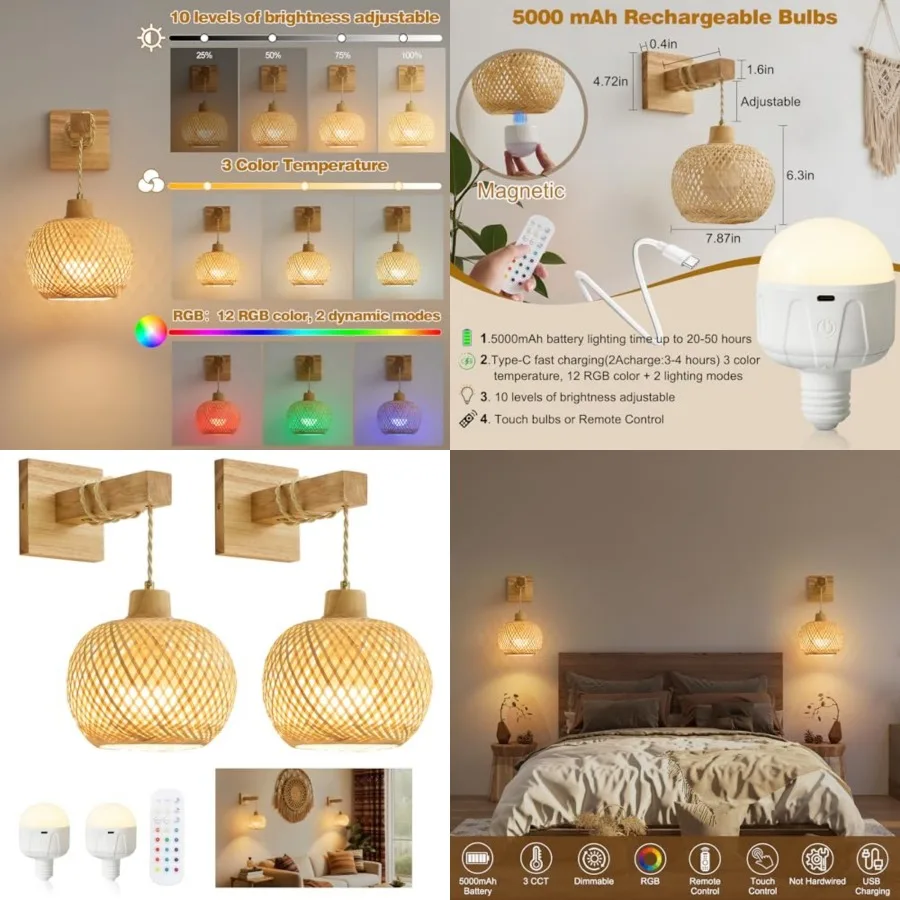 

Bamboo Battery Operated Wall Sconces Set of 2, Rechargeable Rattan Cordless Battery Powered Wall Lights/Lamps with Remote, Wove
