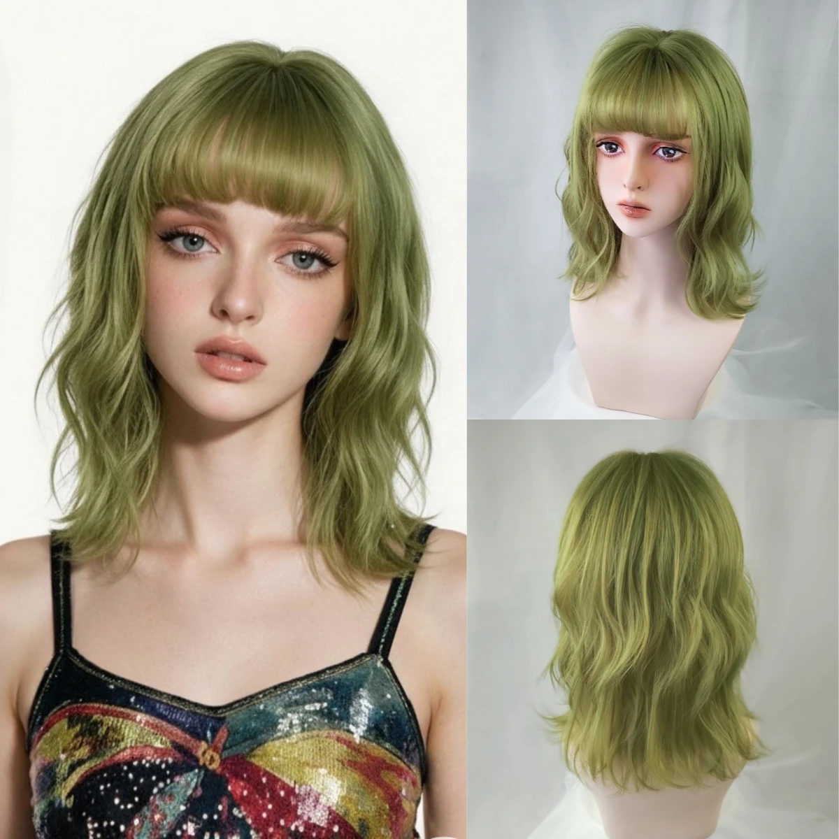 Women's Short Green Straight Wig With Bang Heat Resistant Synthetic Lolita for Cosplay Party Daily Wear
