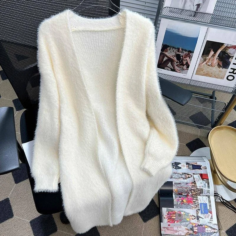 

Ladies' Lazy Style Long Knitted Sweater Coat as an Outerwear Lapin Fur Coat Loose Fit Knee-Length Autumn Winter Outerwear