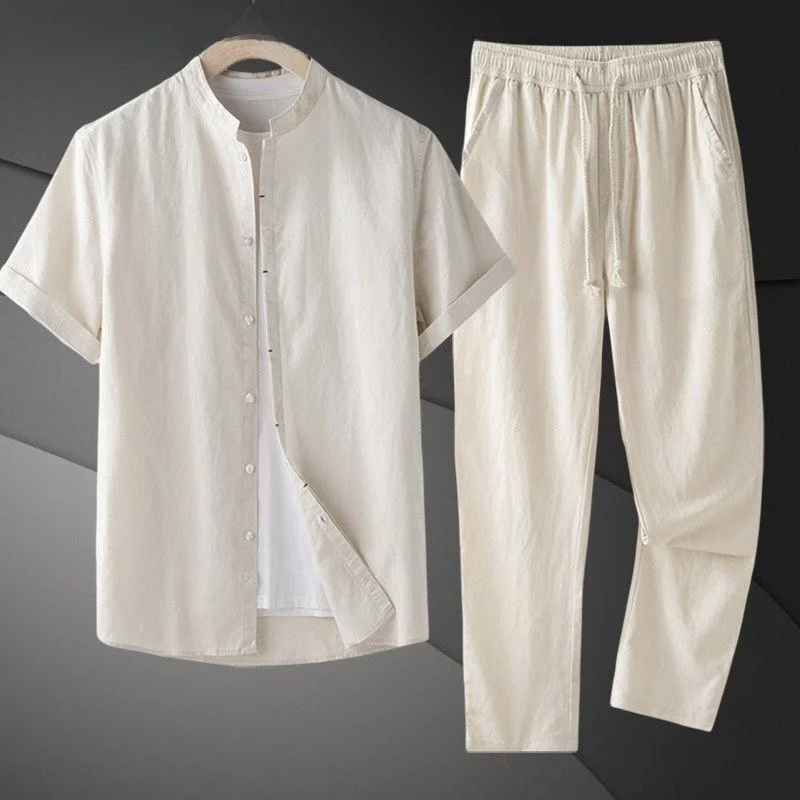 

Cotton Linen Men's ort Sve irt Summer Thin Chinese Sle Stand Collar Light Beige T-irt And Pants Set for Youths