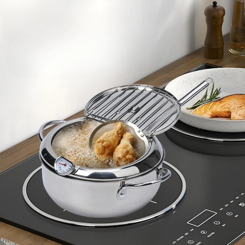 

304 Stainless Steel Deep Fryer Pot with Lid Temperature Control and Oil Drip Drainer Rack Janpanese Style Tempura Frying Pot