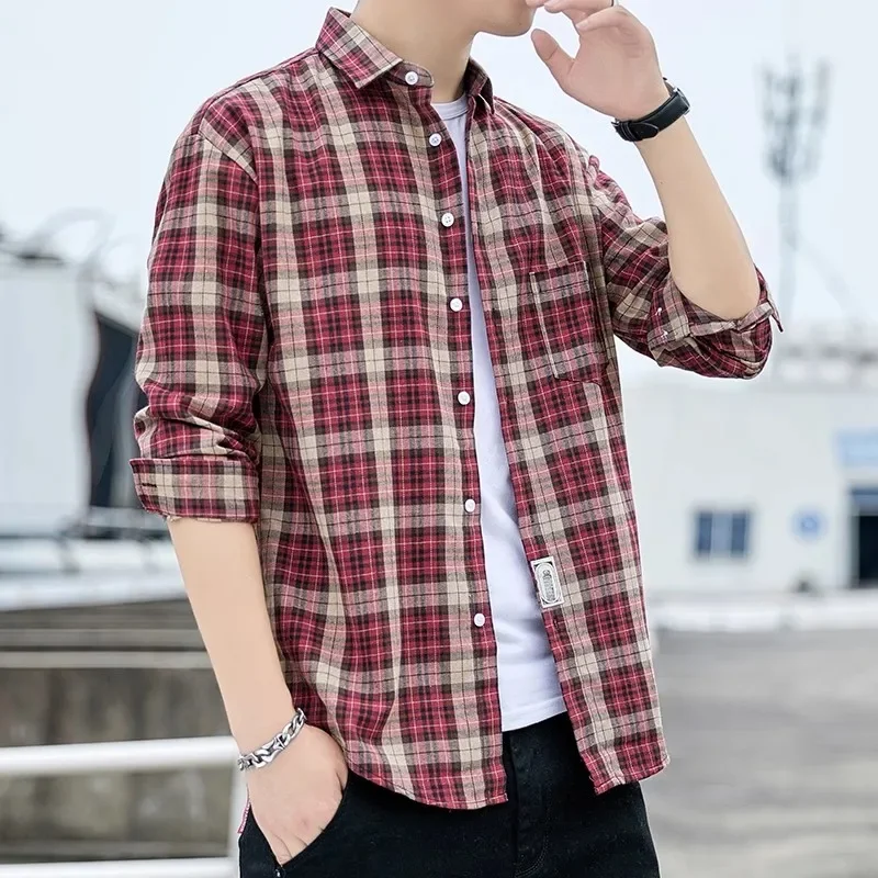 Men Plaid Shirt Flannel Long Sleeve Stripe Shirts Street Pocket Japan Cotton Loose Slim Fit Male Casual Soft Tuxedo Formal Shirt