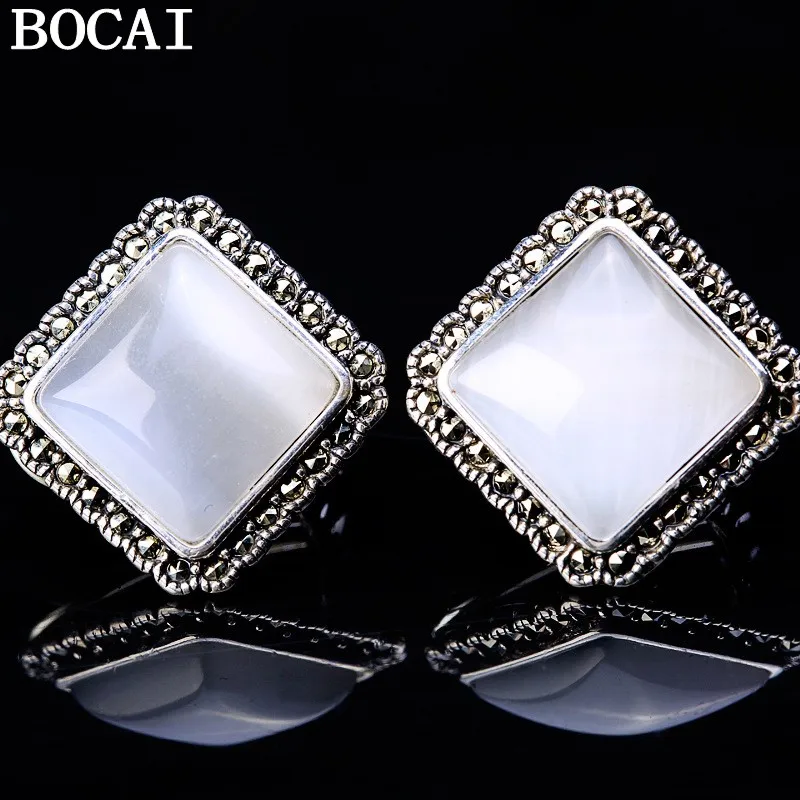 

Серьги-кольца BOCAI NEW S925 из стерлингового серебра в винтажном стиле с инкрустацией черным агатом и халцедоном, подарок для женщин