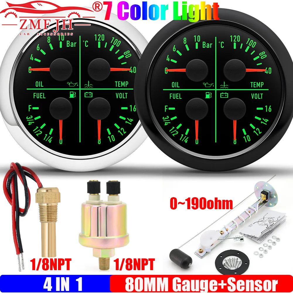 7 Color LED Car 80MM Gauge Multifunctional Water Temp+Oil Pressure+Fuel Level Gauge+Voltage with 0-190ohm Oil Float Sensor 12V