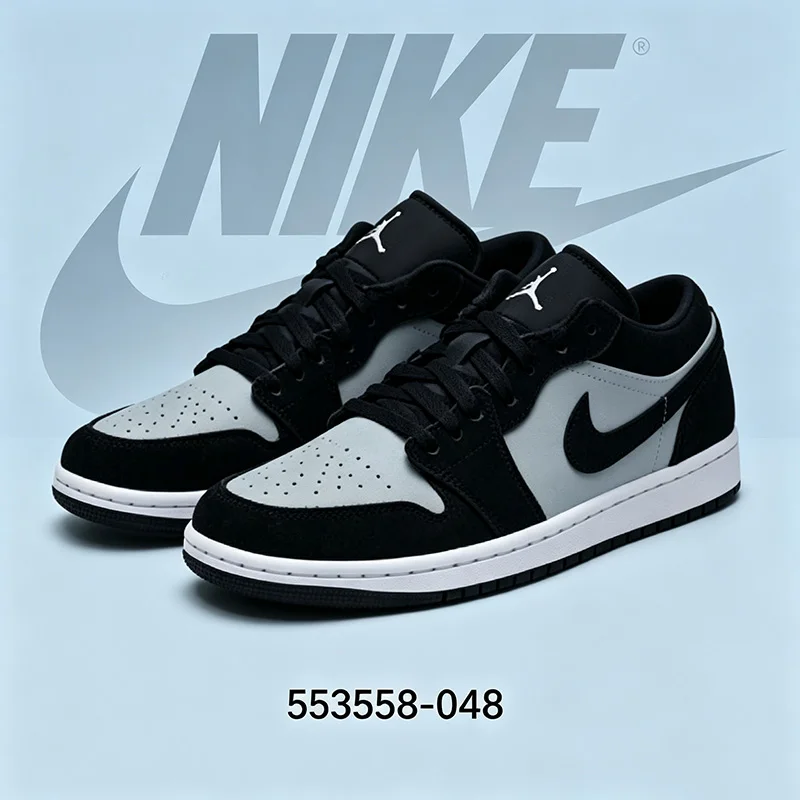 Zapatillas Nike originales para hombre, modelo AJ1 Air Jordan 1, de caña baja, estilo retro, para baloncesto, en color negro y gris, 553558-048.